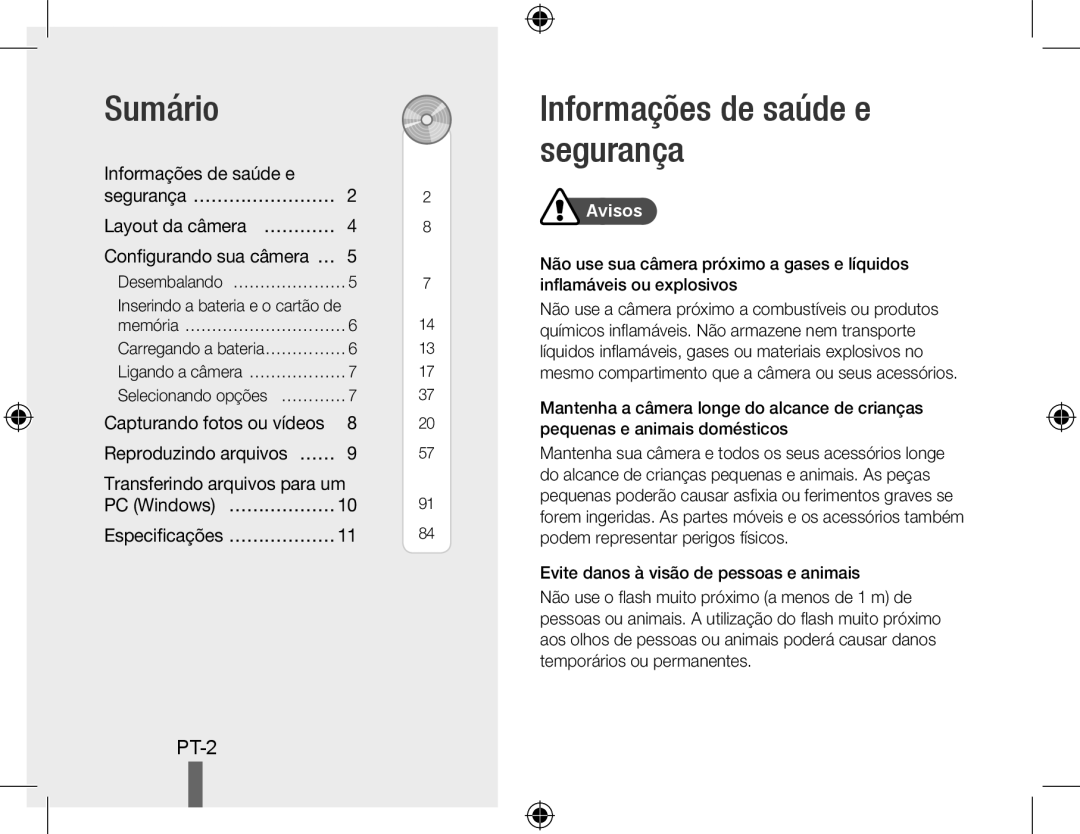 Samsung EC-PL51ZZBPRVN manual Sumário, Informações de saúde e segurança, Layout da câmera… ………… Configurando sua câmera… … 