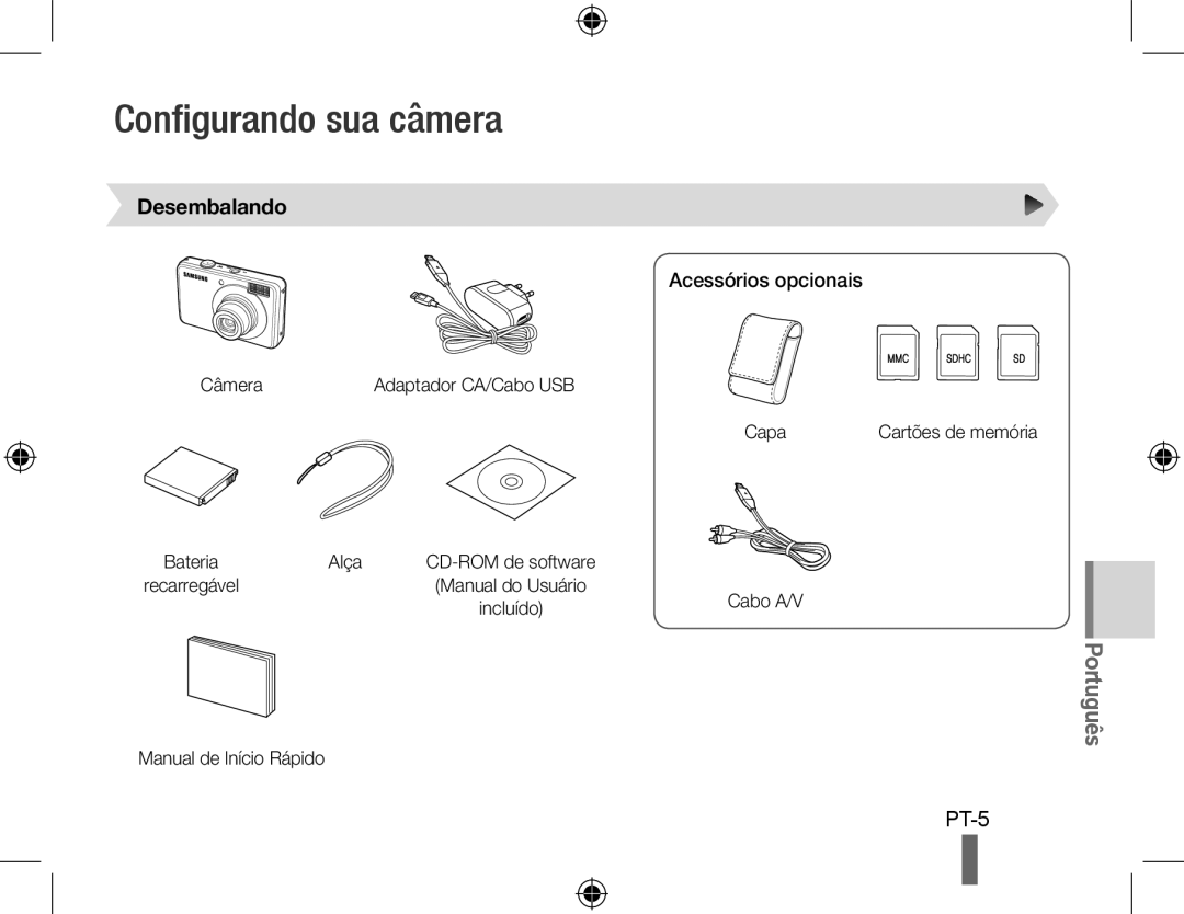 Samsung EC-PL51ZZBPRE3, EC-PL51ZZBPRE1, EC-PL51ZZBPAE1 manual Configurando sua câmera, Desembalando, Acessórios opcionais 