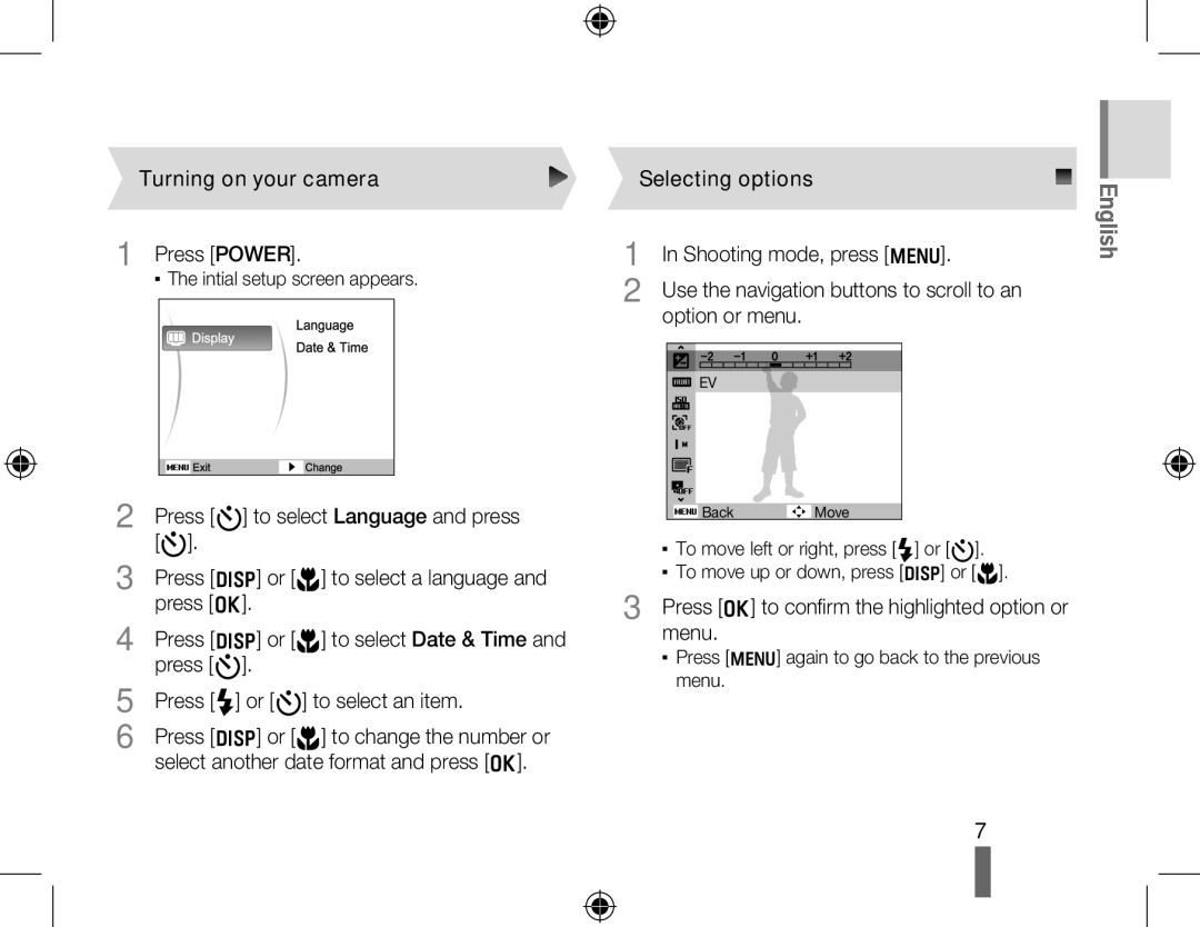 Samsung EC-PL51ZZBPBIT, EC-PL51ZZBPRE1, EC-PL51ZZBPAE1, EC-PL51ZZBPNE1 manual Turning on your camera, Selecting options 