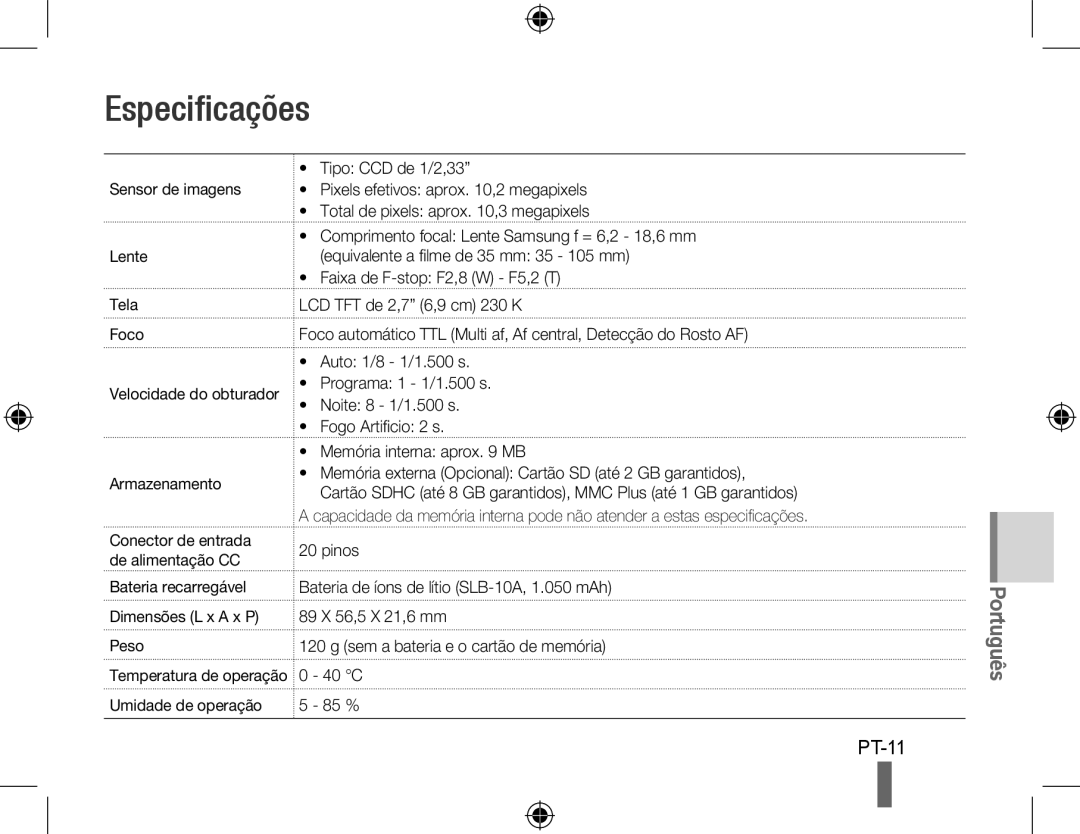 Samsung EC-PL51ZZBPARU, EC-PL51ZZBPRE1, EC-PL51ZZBPAE1, EC-PL51ZZBPNE1, EC-PL51ZZBPAIT, EC-PL51ZZBPBE1 Especificações, PT-11 