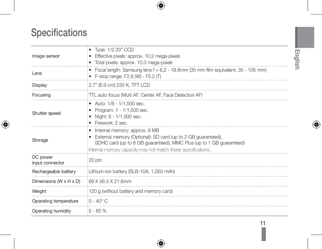 Samsung EC-PL51ZZBPBVN, EC-PL51ZZBPRE1, EC-PL51ZZBPAE1, EC-PL51ZZBPNE1, EC-PL51ZZBPAIT, EC-PL51ZZBPBE1 manual Specifications 