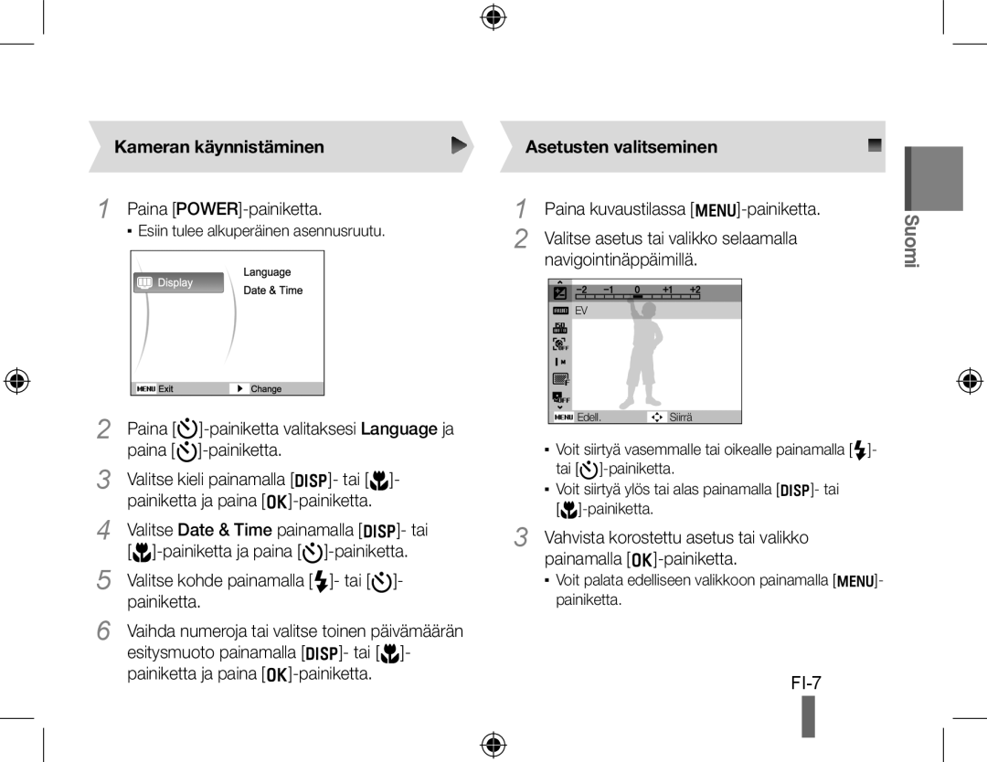 Samsung EC-PL51ZZBPBE2, EC-PL51ZZBPRE1, EC-PL51ZZBPAE1, EC-PL51ZZBPNE1 manual Kameran käynnistäminen, Asetusten valitseminen 