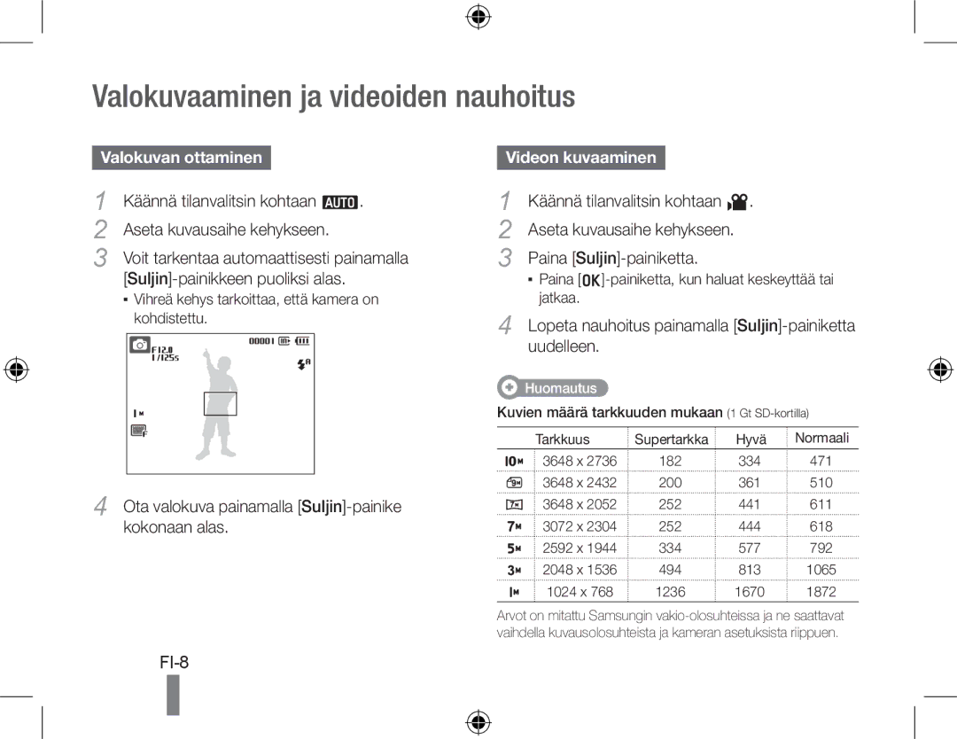 Samsung EC-PL51ZZBPNE2, EC-PL51ZZBPRE1 manual Valokuvaaminen ja videoiden nauhoitus, Valokuvan ottaminen, Videon kuvaaminen 