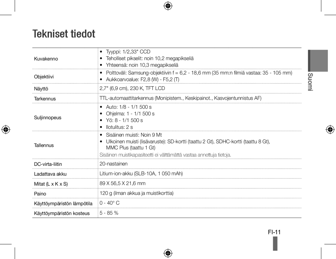 Samsung EC-PL51ZZBPARU, EC-PL51ZZBPRE1, EC-PL51ZZBPAE1, EC-PL51ZZBPNE1, EC-PL51ZZBPAIT, EC-PL51ZZBPBE1 manual Tekniset tiedot 