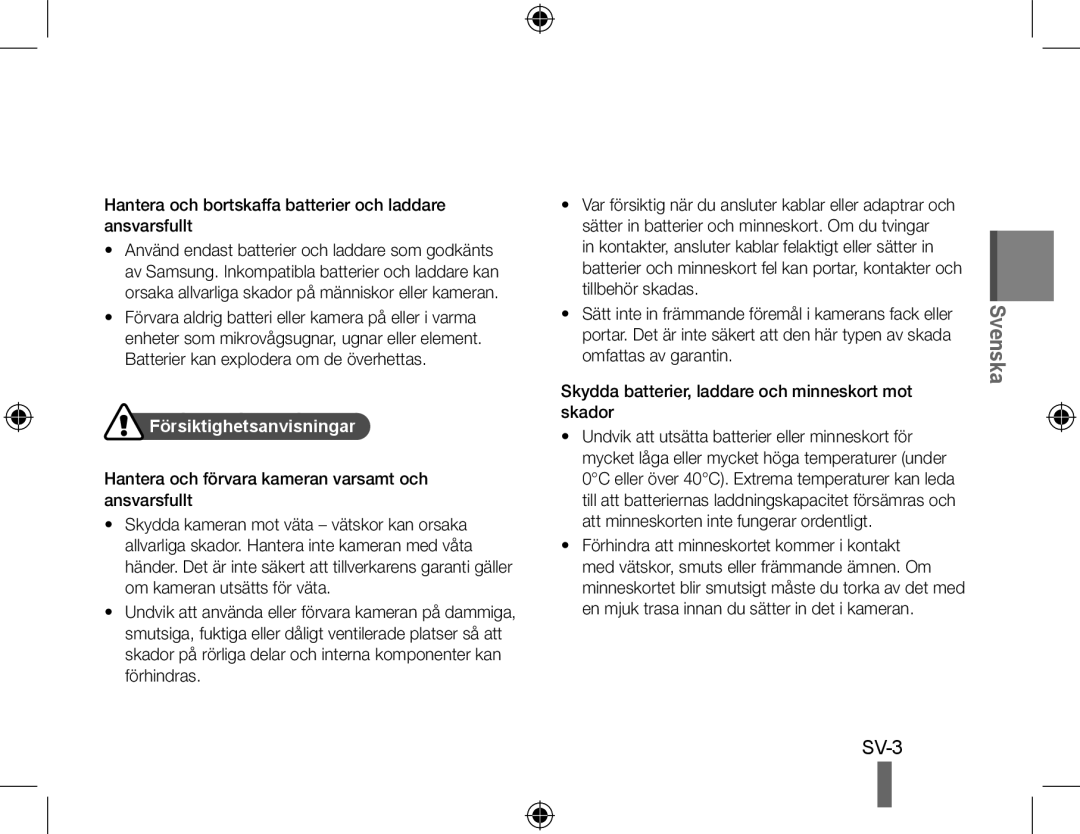 Samsung EC-PL51ZZBPNRU, EC-PL51ZZBPRE1 Hantera och bortskaffa batterier och laddare ansvarsfullt, Försiktighetsanvisningar 