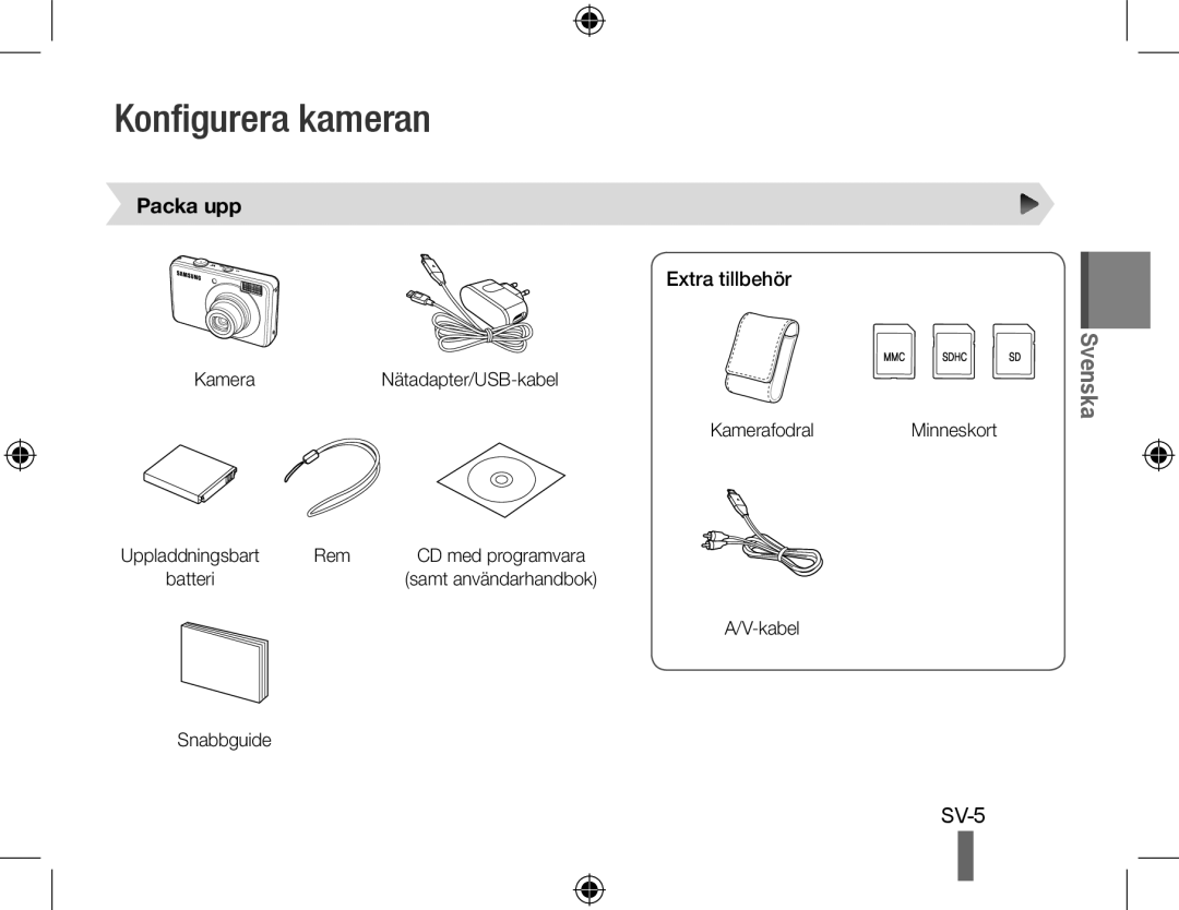 Samsung EC-PL51ZZBPRE1, EC-PL51ZZBPAE1, EC-PL51ZZBPNE1, EC-PL51ZZBPAIT manual Konfigurera kameran, Packa upp, Extra tillbehör 