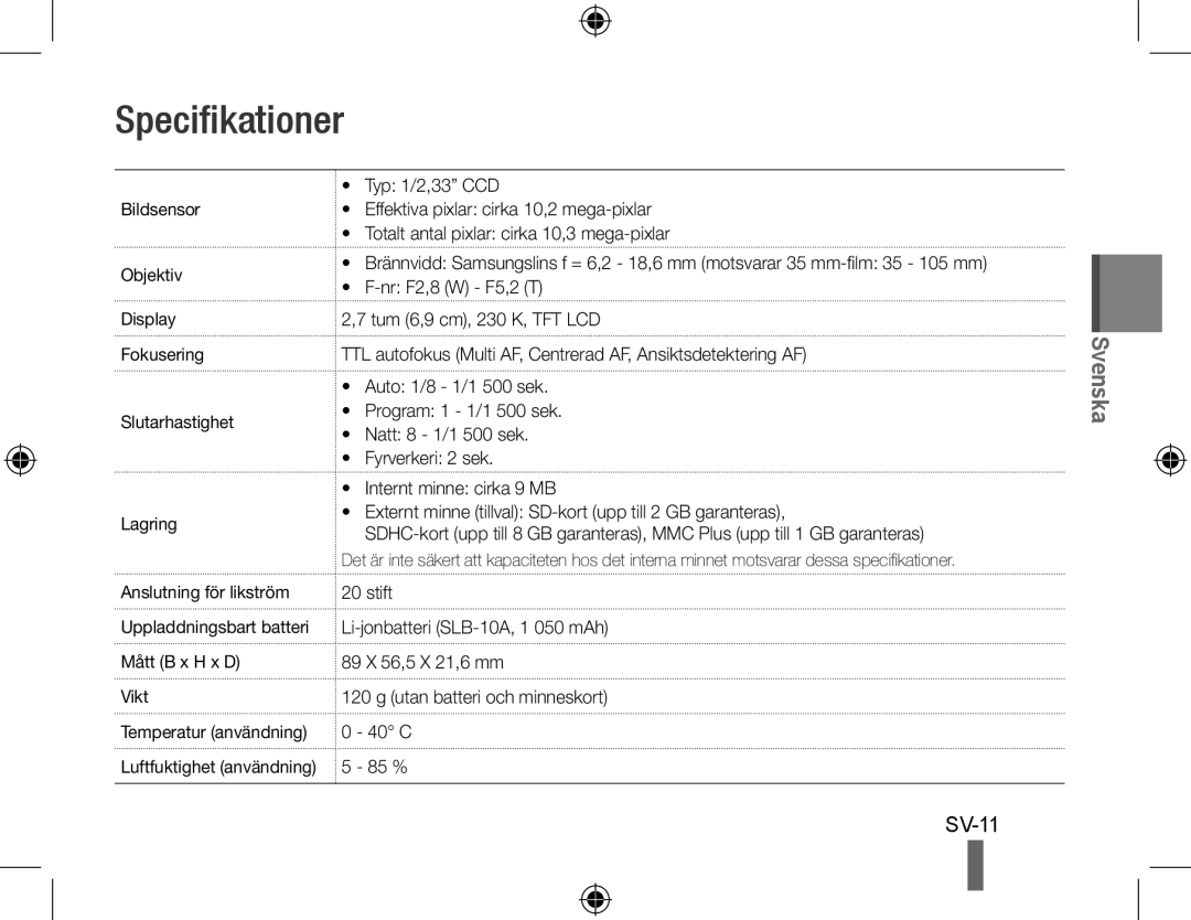 Samsung EC-PL51ZZBPNIT, EC-PL51ZZBPRE1, EC-PL51ZZBPAE1, EC-PL51ZZBPNE1, EC-PL51ZZBPAIT, EC-PL51ZZBPBE1 manual Specifikationer 