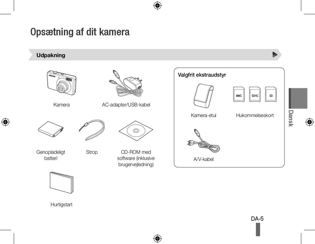 Samsung EC-PL51ZZBPAVN, EC-PL51ZZBPRE1, EC-PL51ZZBPAE1 manual Opsætning af dit kamera, Udpakning, Valgfrit ekstraudstyr 