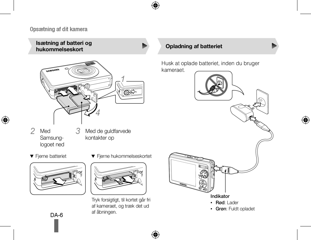 Samsung EC-PL51ZZBPBVN, EC-PL51ZZBPRE1, EC-PL51ZZBPAE1 manual Opsætning af dit kamera, Med de guldfarvede kontakter op 