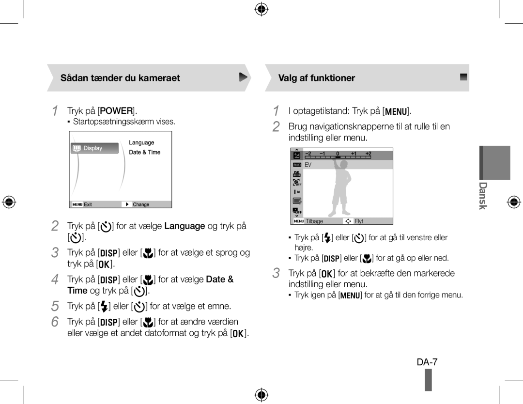 Samsung EC-PL51ZZBPRVN, EC-PL51ZZBPRE1, EC-PL51ZZBPAE1, EC-PL51ZZBPNE1 manual Sådan tænder du kameraet, Valg af funktioner 