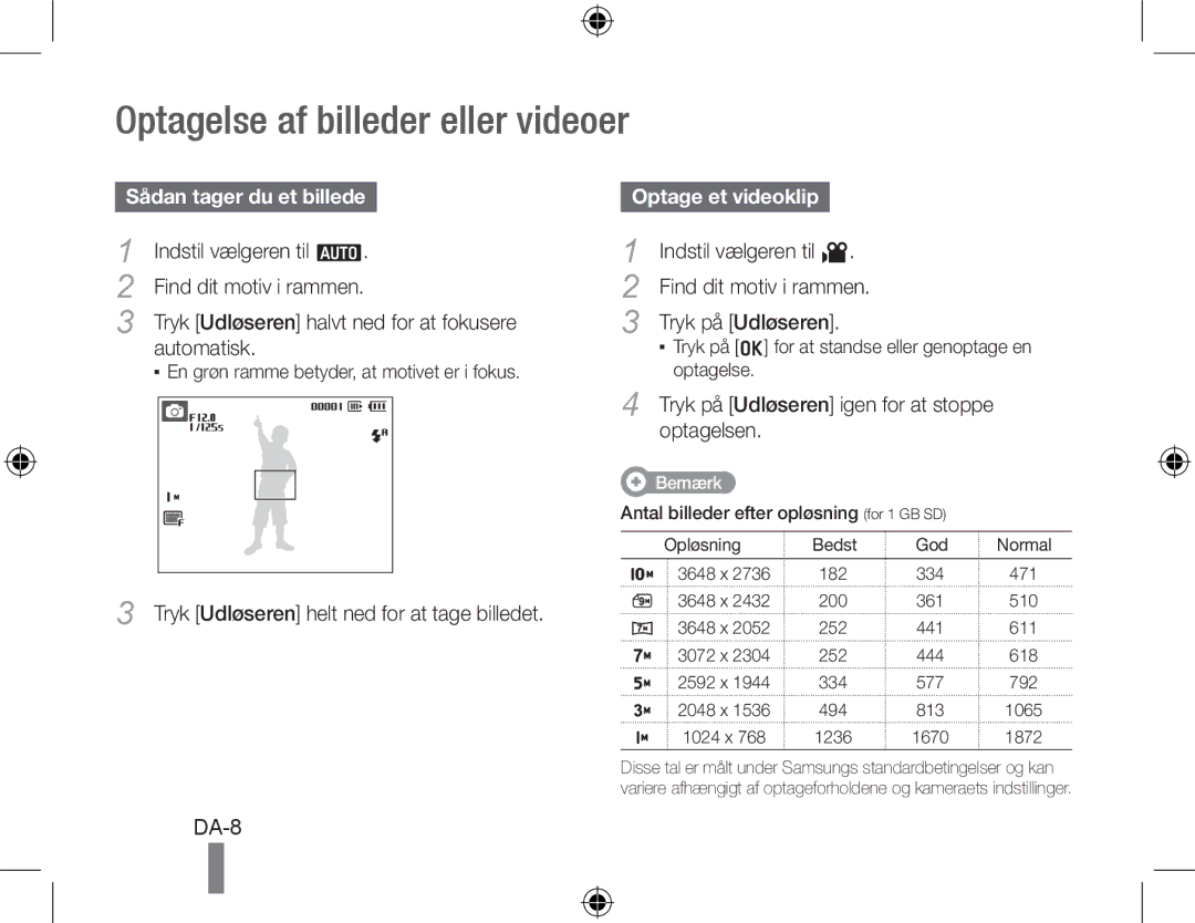 Samsung EC-PL51ZZBPNE3, EC-PL51ZZBPRE1 Optagelse af billeder eller videoer, Sådan tager du et billede, Optage et videoklip 