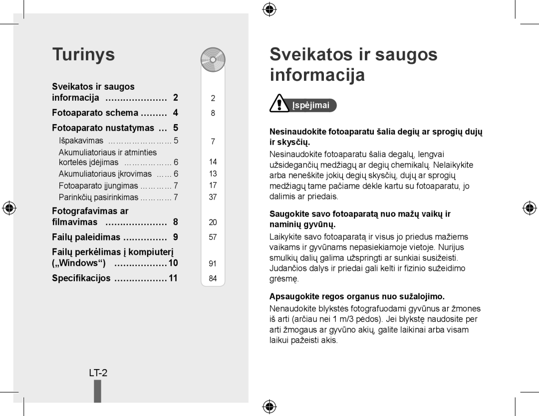 Samsung EC-PL51ZZBPRVN Turinys, Sveikatos ir saugos informacija, Failų perkėlimas į kompiuterį „Windows… ………………, Įspėjimai 