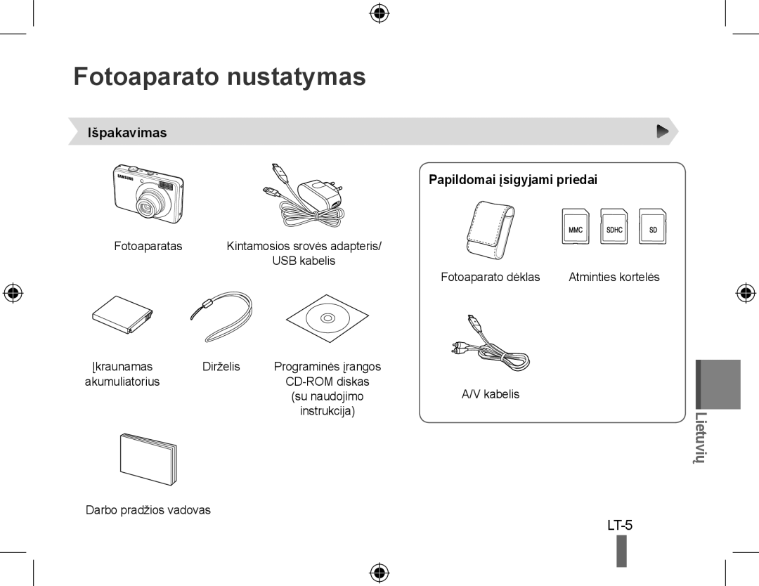 Samsung EC-PL51ZZBPRE3, EC-PL51ZZBPRE1, EC-PL51ZZBPAE1 Fotoaparato nustatymas, Išpakavimas Papildomai įsigyjami priedai 