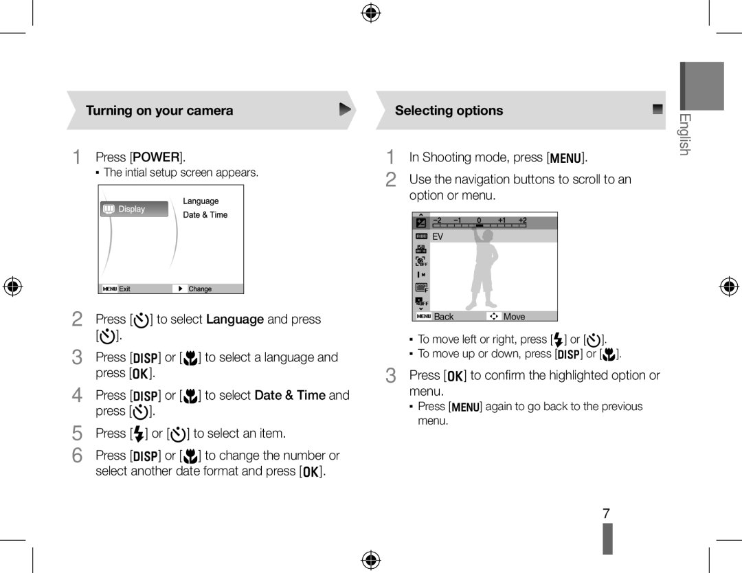 Samsung EC-PL51ZZBPBIT, EC-PL51ZZBPRE1, EC-PL51ZZBPAE1, EC-PL51ZZBPNE1 manual Turning on your camera, Selecting options 