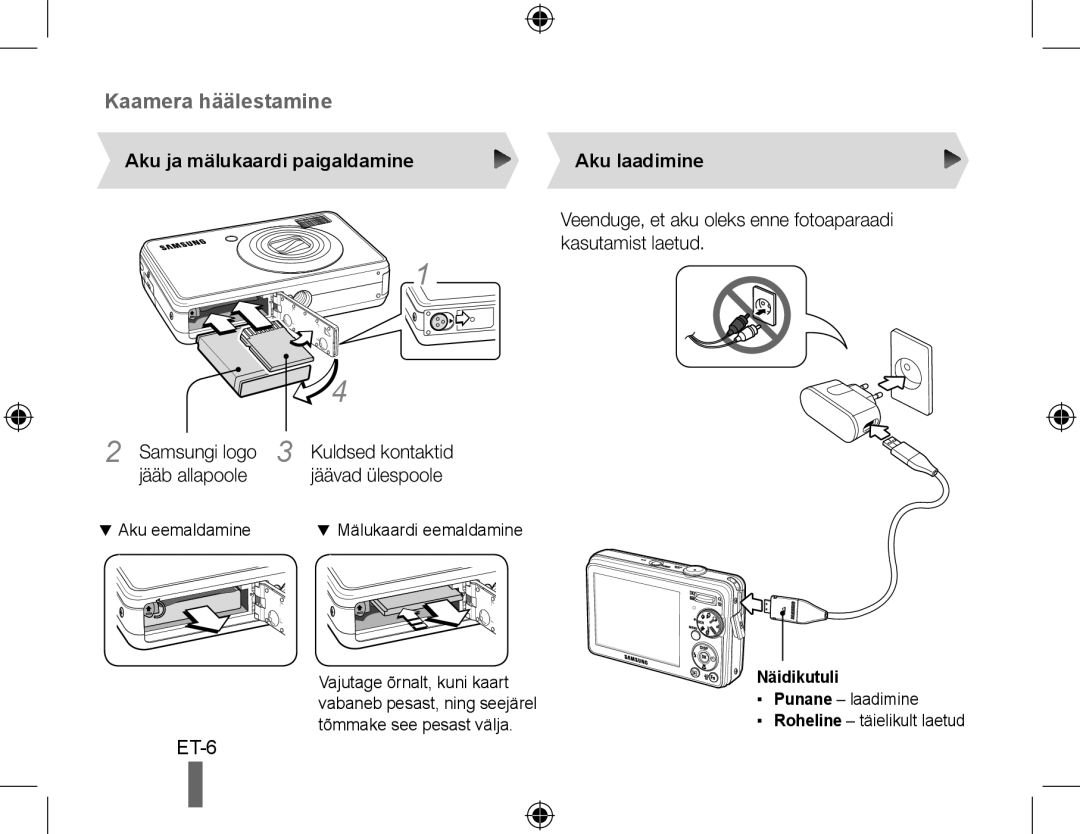 Samsung EC-PL51ZZBPAE1 manual Aku ja mälukaardi paigaldamine, Veenduge, et aku oleks enne fotoaparaadi kasutamist laetud 