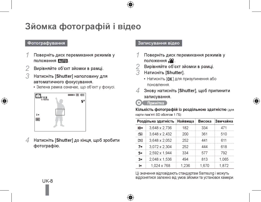 Samsung EC-PL51ZZBPNE3, EC-PL51ZZBPRE1, EC-PL51ZZBPAE1 manual Зйомка фотографій і відео, Фотографування, Записування відео 