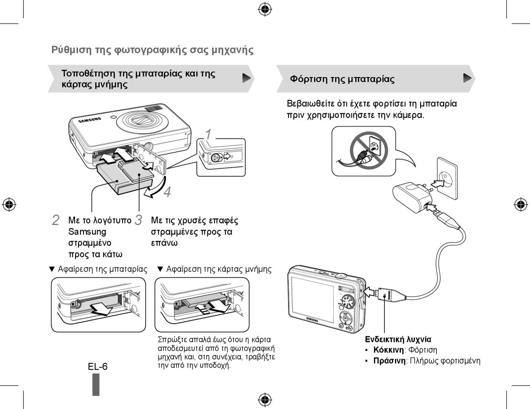 Samsung EC-PL51ZZBPNIT manual Τοποθέτηση της μπαταρίας και της κάρτας μνήμης, Με το λογότυπο, Φόρτιση της μπαταρίας 