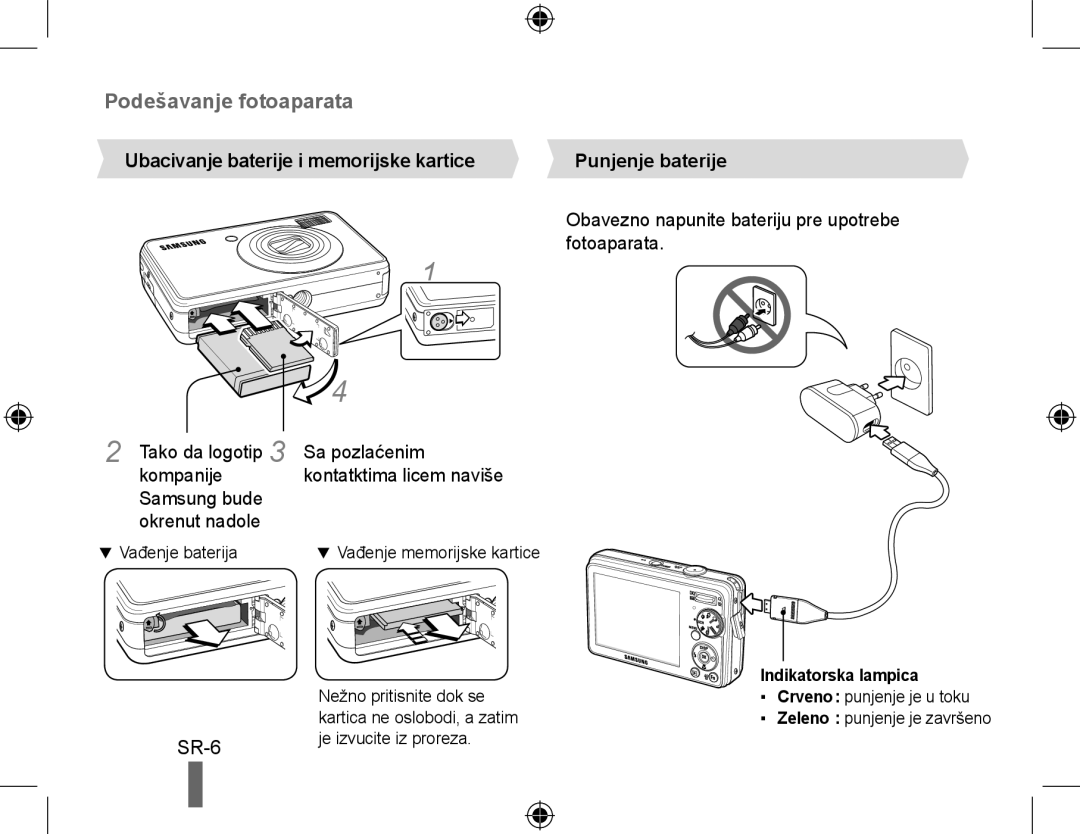 Samsung EC-PL51ZZBPAE3 manual Ubacivanje baterije i memorijske kartice, Samsung bude okrenut nadole, Punjenje baterije 