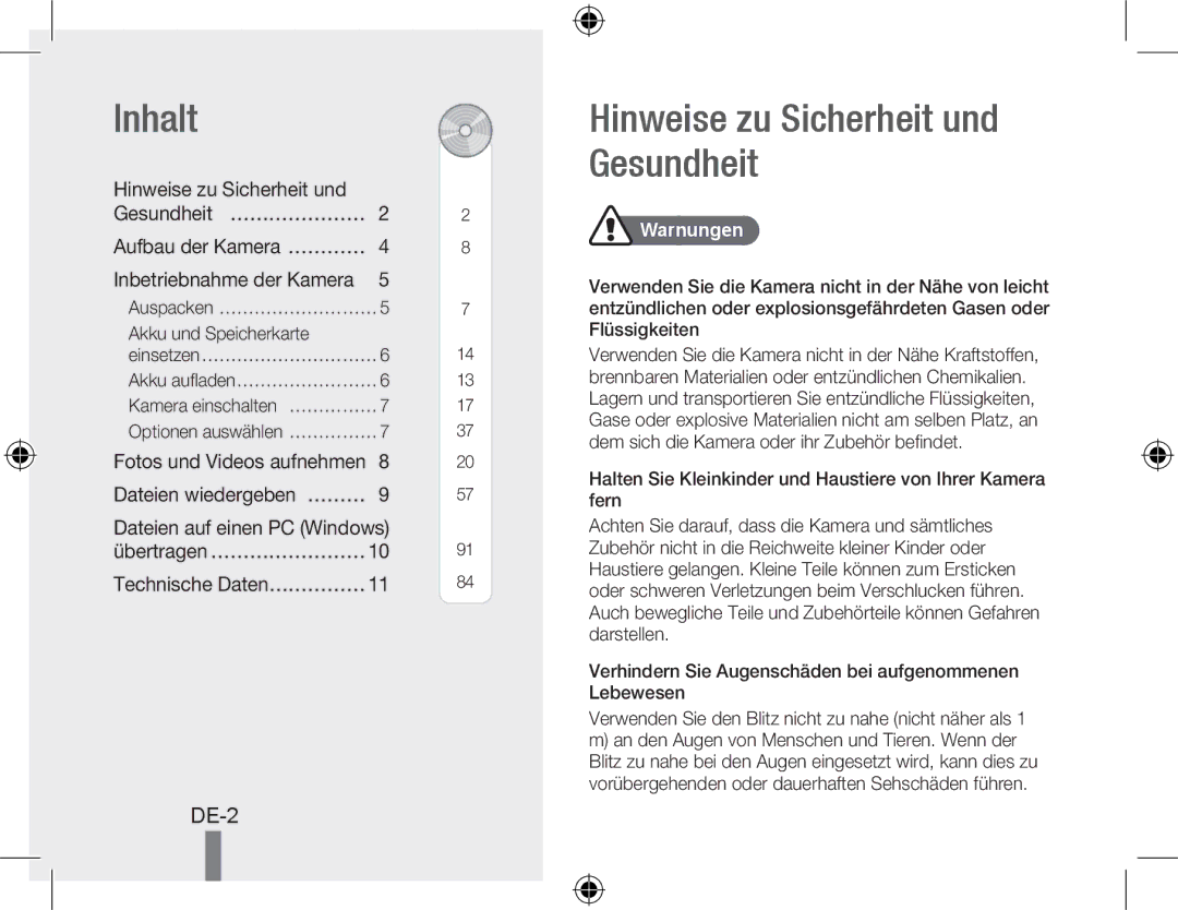 Samsung EC-PL51ZZBPRVN manual Inhalt, Hinweise zu Sicherheit und Gesundheit, De-, Technische Daten……………, Warnungen 