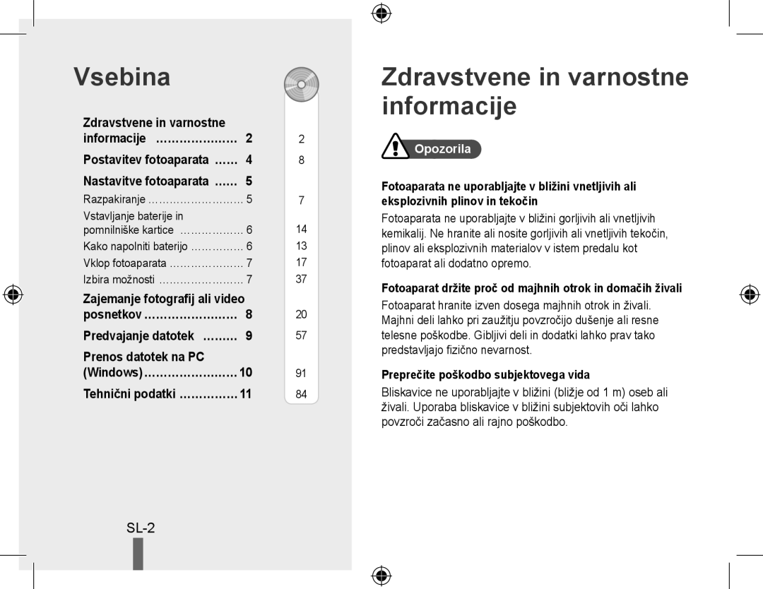 Samsung EC-PL51ZZBPBRU manual Vsebina, Zdravstvene in varnostne informacije, Sl-, Prenos datotek na PC, Opozorila 