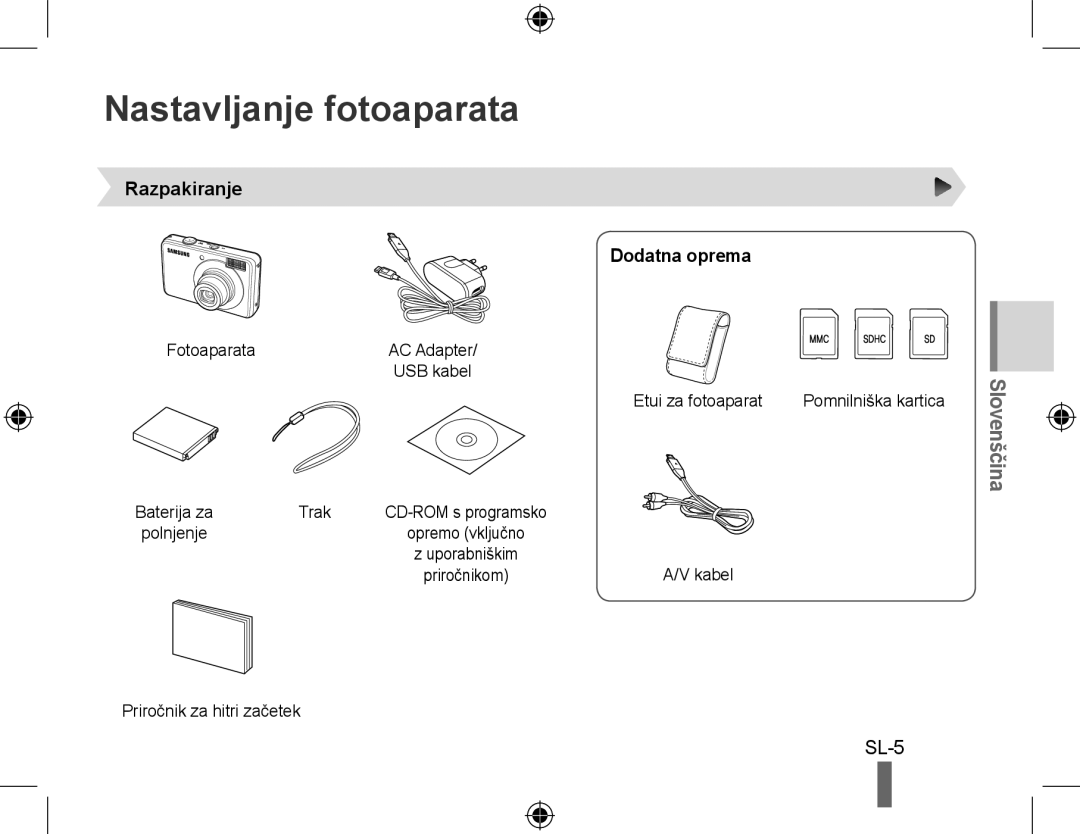 Samsung EC-PL51ZZBPRE1, EC-PL51ZZBPAE1, EC-PL51ZZBPNE1, EC-PL51ZZBPAIT Nastavljanje fotoaparata, Razpakiranje Dodatna oprema 