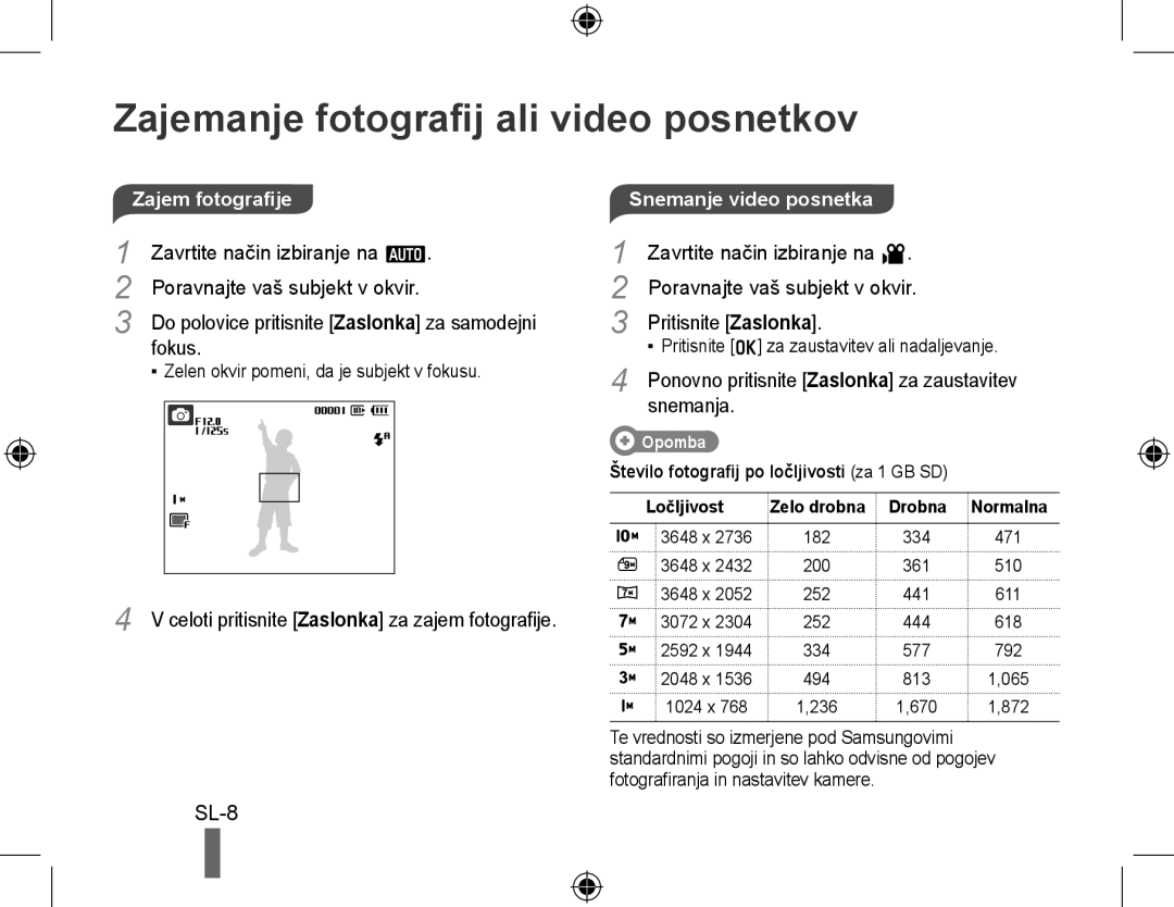 Samsung EC-PL51ZZBPAIT, EC-PL51ZZBPRE1 manual Zajemanje fotografij ali video posnetkov, Zavrtite način izbiranje na a, Fokus 