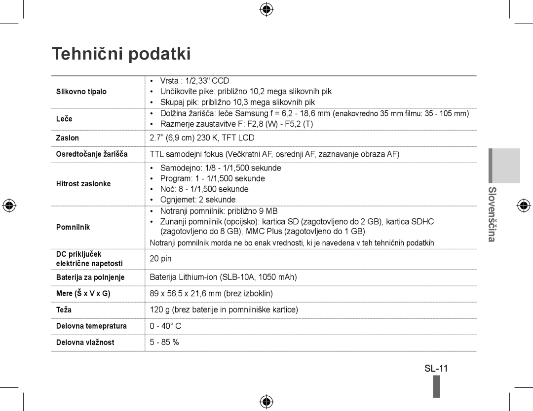 Samsung EC-PL51ZZBPNIT, EC-PL51ZZBPRE1, EC-PL51ZZBPAE1, EC-PL51ZZBPNE1, EC-PL51ZZBPAIT, EC-PL51ZZBPBE1 Tehnični podatki, SL-11 