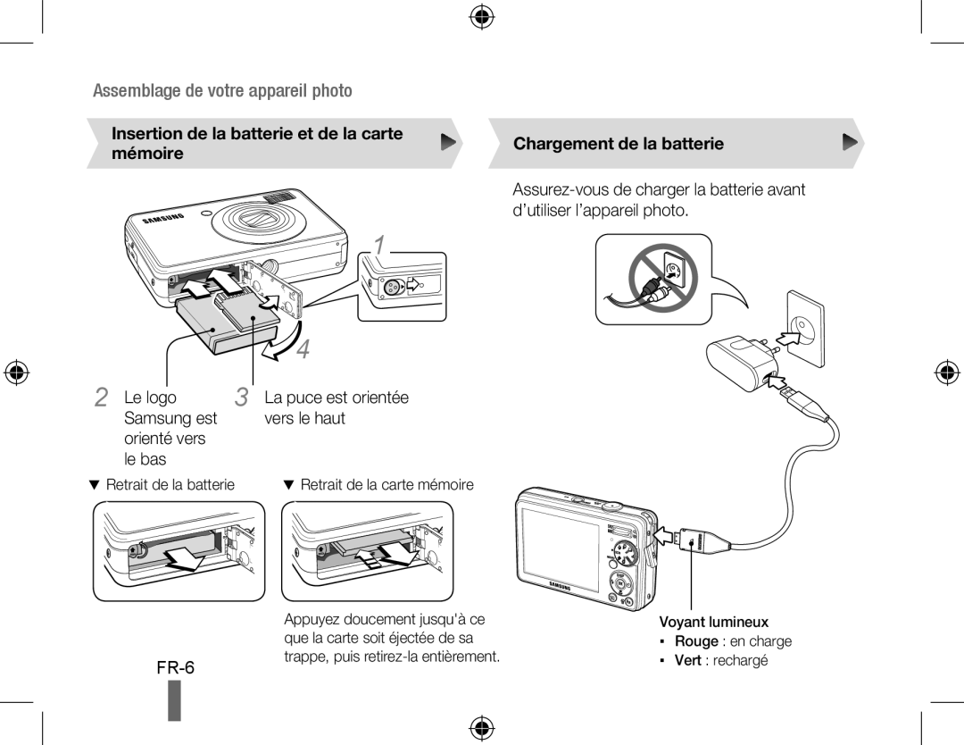 Samsung EC-PL51ZZBPAE1, EC-PL51ZZBPRE1 Assemblage de votre appareil photo, Voyant lumineux Rouge en charge Vert rechargé 