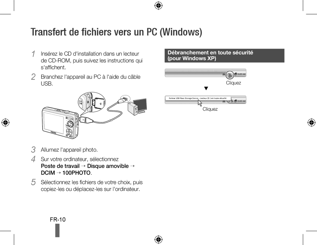 Samsung EC-PL51ZZBPRIT Transfert de fichiers vers un PC Windows, FR-10, Débranchement en toute sécurité pour Windows XP 