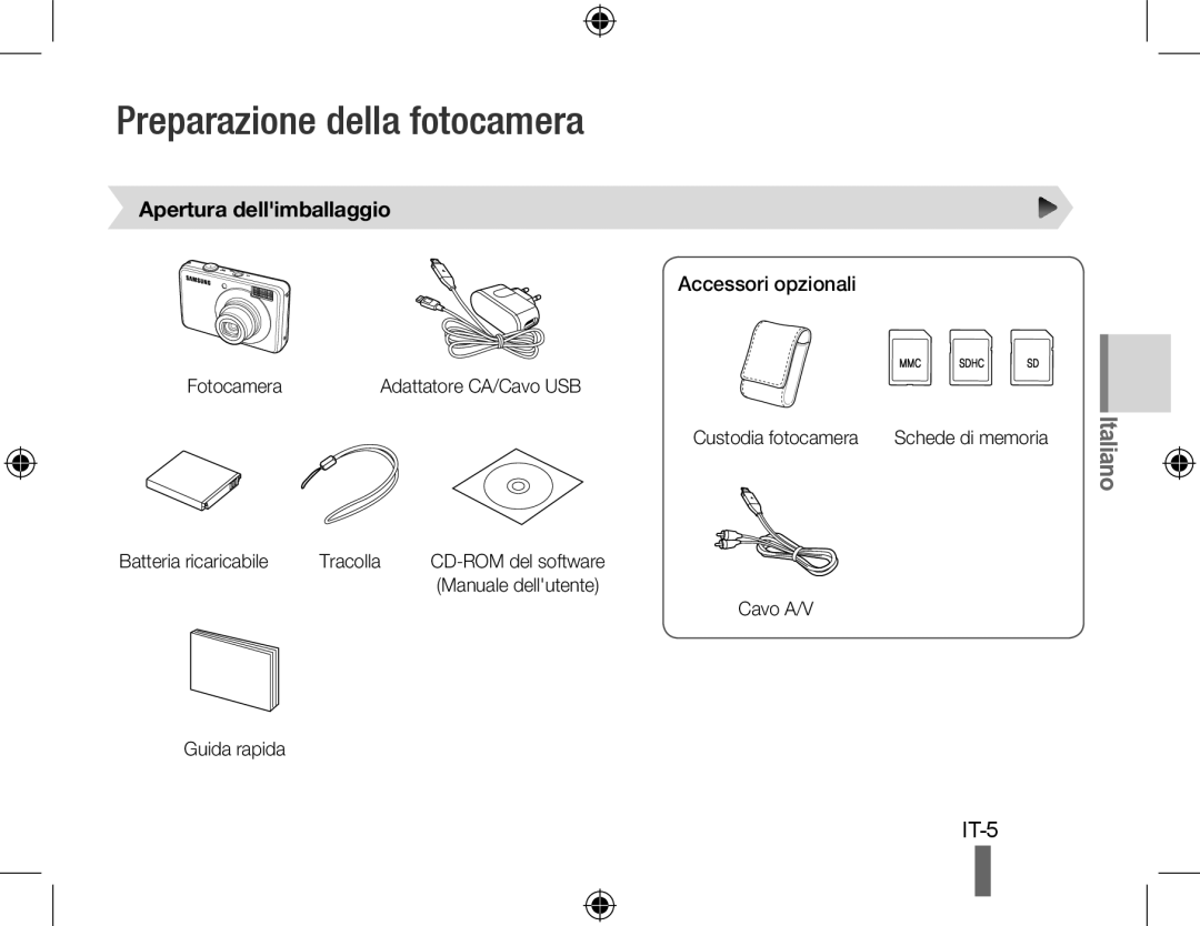 Samsung EC-PL51ZZBPAVN, EC-PL51ZZBPRE1 manual Preparazione della fotocamera, Apertura dellimballaggio, Accessori opzionali 