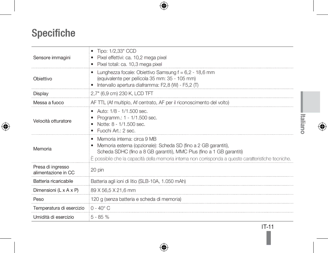 Samsung EC-PL51ZZBPAE3, EC-PL51ZZBPRE1, EC-PL51ZZBPAE1 Specifiche, IT-11, Batteria ricaricabile Dimensioni L x a x P Peso 