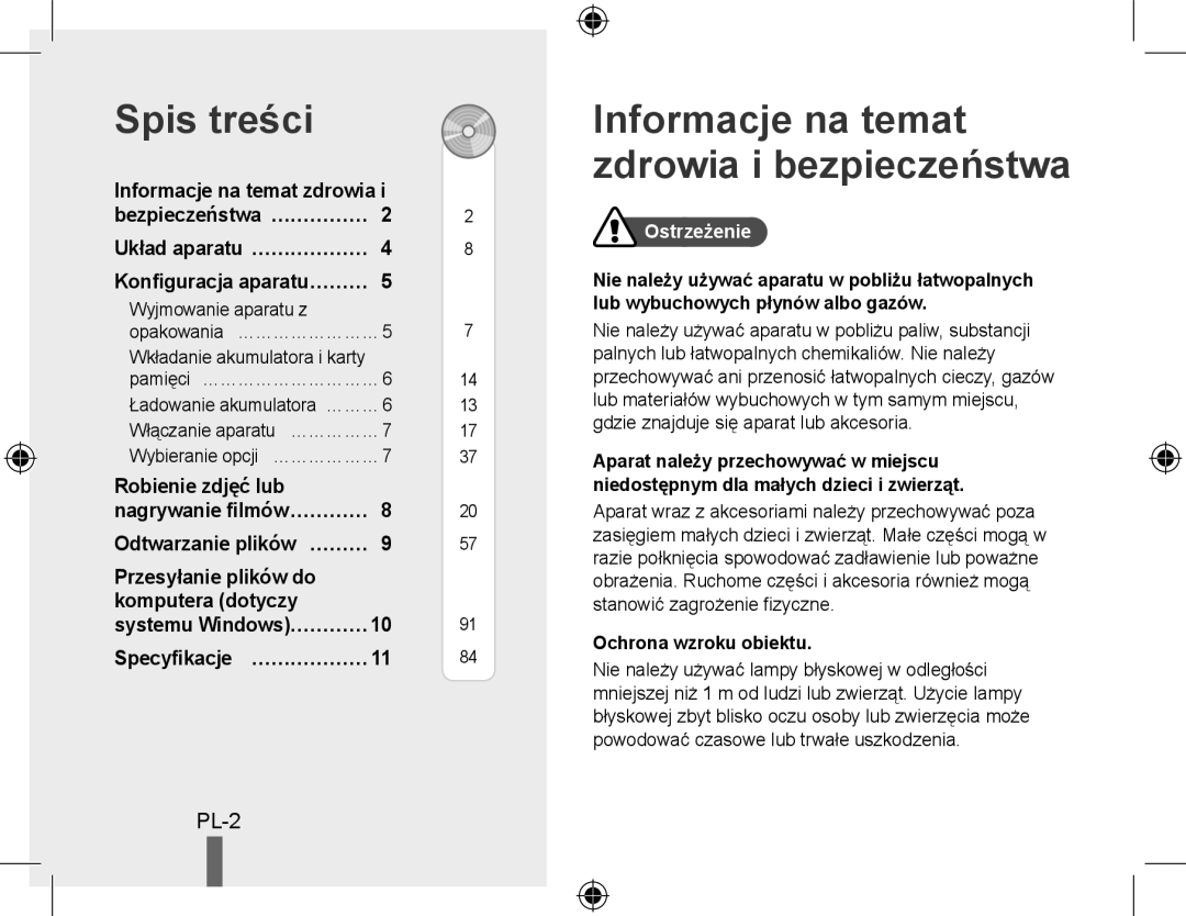 Samsung EC-PL51ZZBPBE2, EC-PL51ZZBPRE1 manual Spis treści, Informacje na temat zdrowia i bezpieczeństwa, Pl-, Ostrzeżenie 