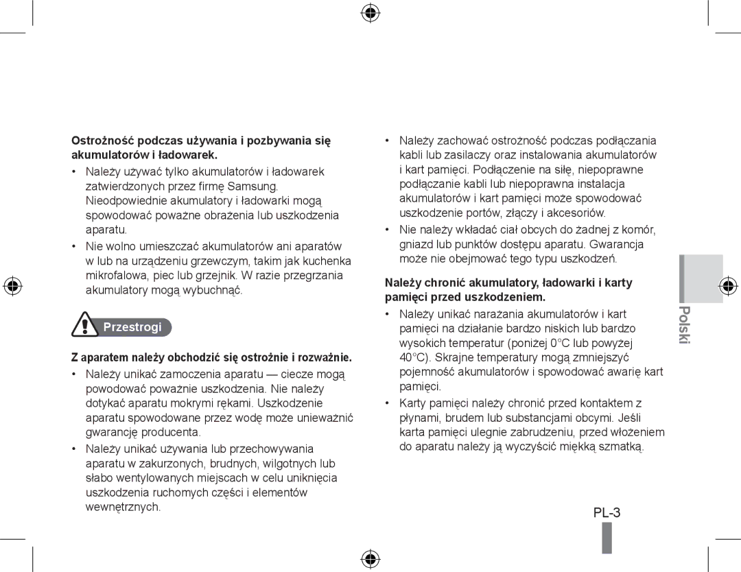 Samsung EC-PL51ZZBPNE2, EC-PL51ZZBPRE1, EC-PL51ZZBPAE1 manual Przestrogi, Należy unikać narażania akumulatorów i kart 