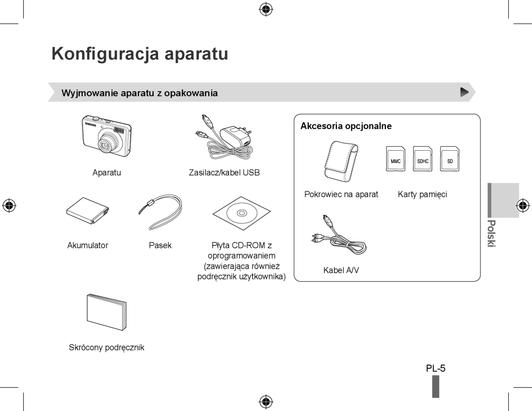 Samsung EC-PL51ZZBPAE2, EC-PL51ZZBPRE1 manual Konfiguracja aparatu, Wyjmowanie aparatu z opakowania Akcesoria opcjonalne 