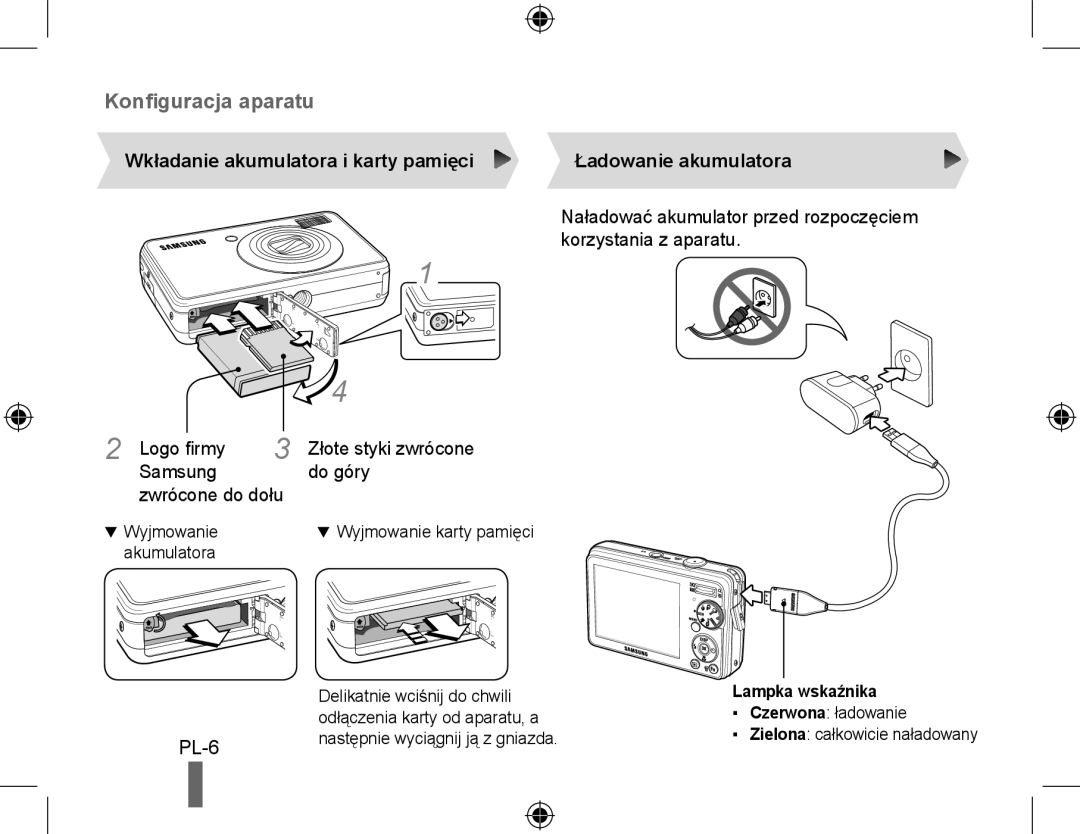 Samsung EC-PL51ZZBPARU manual Wkładanie akumulatora i karty pamięci, Ładowanie akumulatora, Wyjmowanie, Lampka wskaźnika 