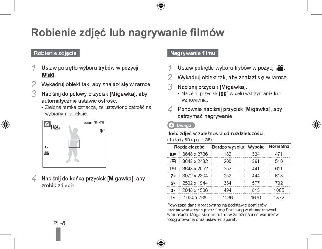 Samsung EC-PL51ZZBPNRU, EC-PL51ZZBPRE1 manual Robienie zdjęć lub nagrywanie filmów, Robienie zdjęcia, Nagrywanie filmu 