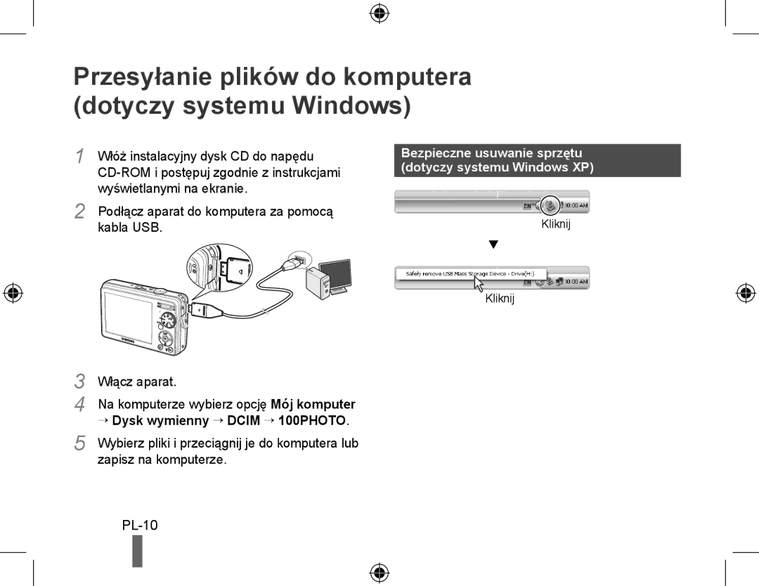 Samsung EC-PL51ZZBPRE1 Przesyłanie plików do komputera dotyczy systemu Windows, PL-10, → Dysk wymienny → Dcim → 100PHOTO 