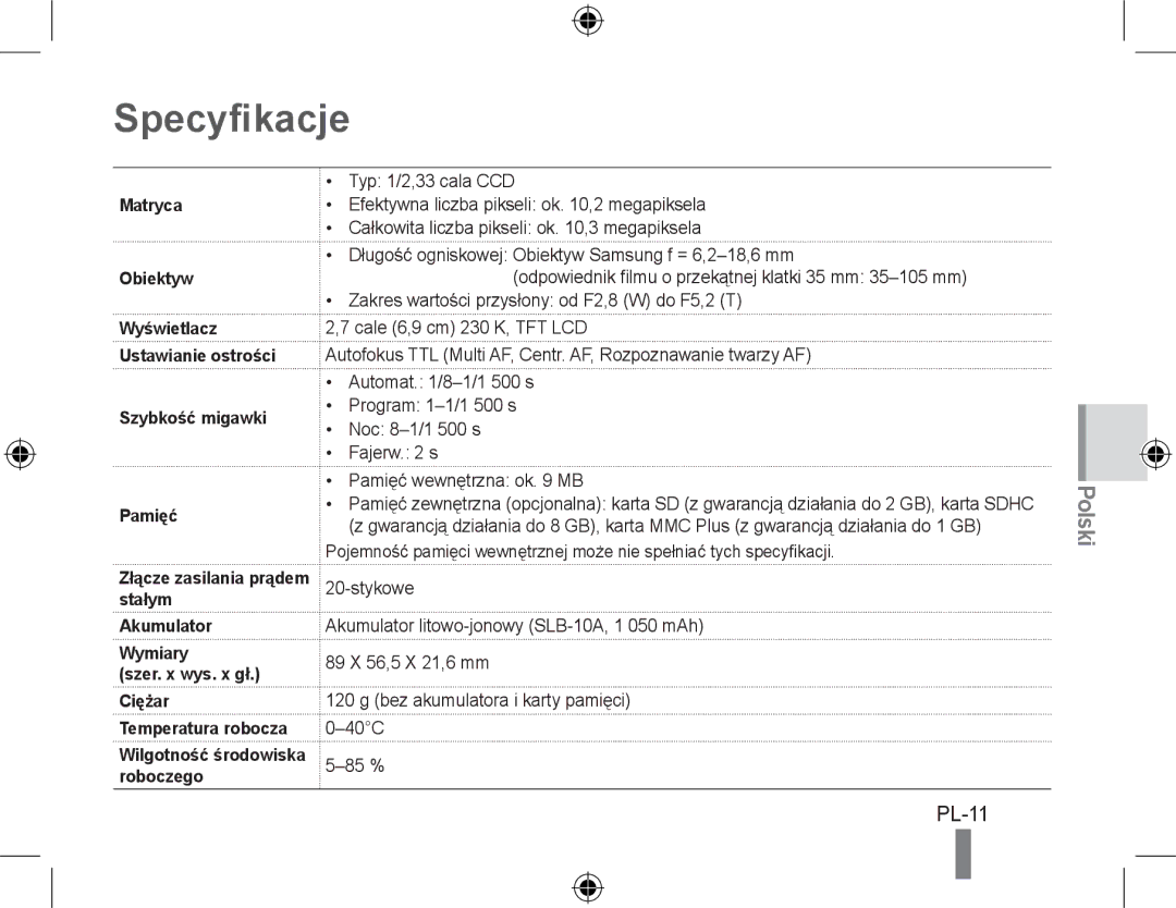 Samsung EC-PL51ZZBPAE1, EC-PL51ZZBPRE1, EC-PL51ZZBPNE1, EC-PL51ZZBPAIT, EC-PL51ZZBPBE1, EC-PL51ZZBPRIT Specyfikacje, PL-11 