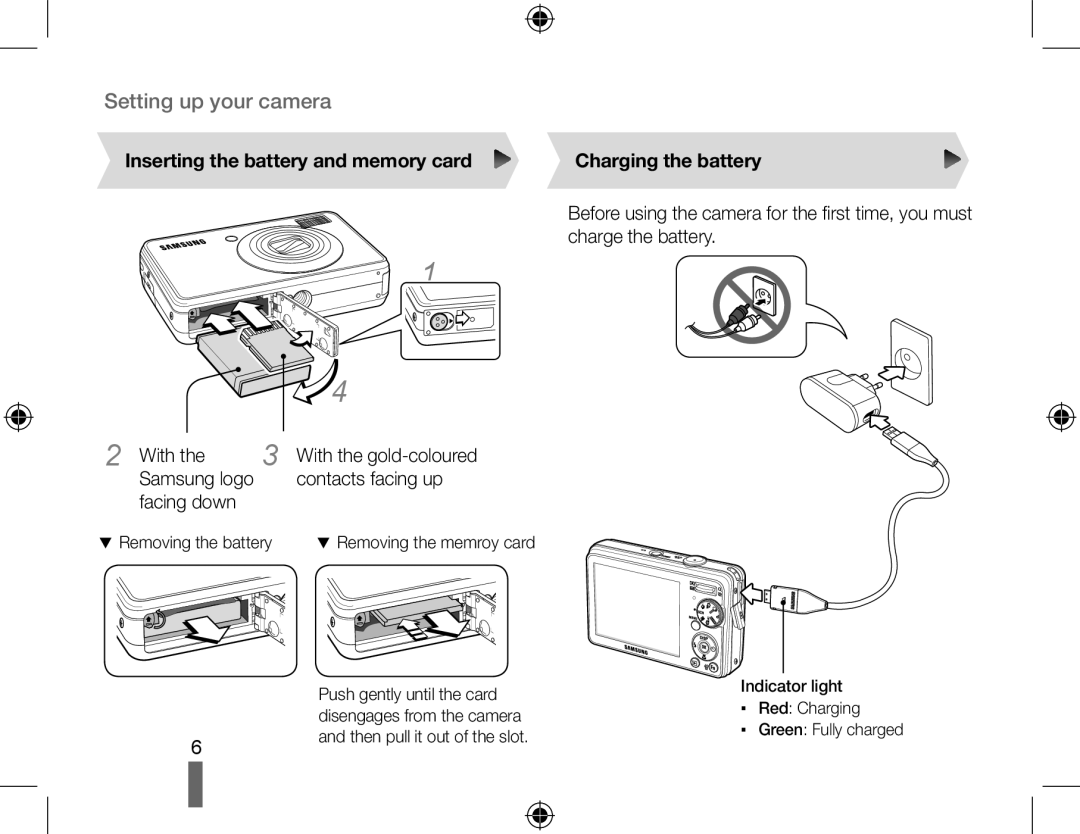 Samsung EC-PL51ZZBPNIT, EC-PL51ZZBPRE1, EC-PL51ZZBPAE1 manual Inserting the battery and memory card Charging the battery 