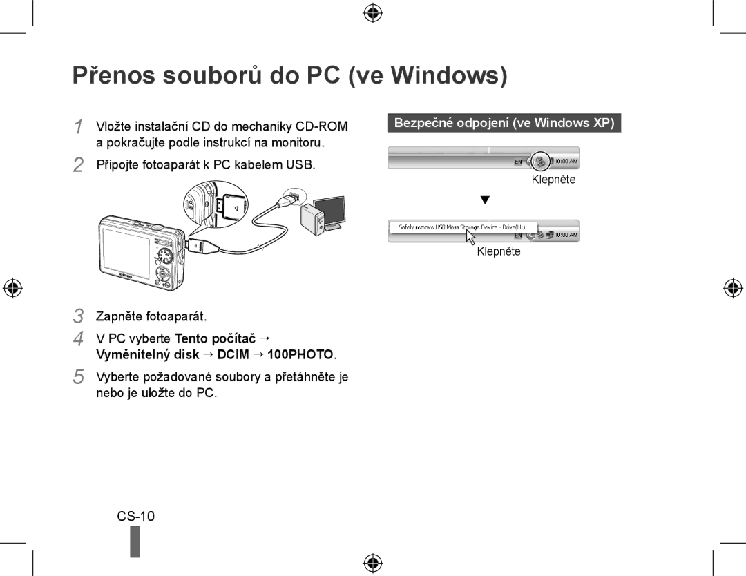 Samsung EC-PL51ZZBPAVN, EC-PL51ZZBPRE1 manual Přenos souborů do PC ve Windows, CS-10, Bezpečné odpojení ve Windows XP 