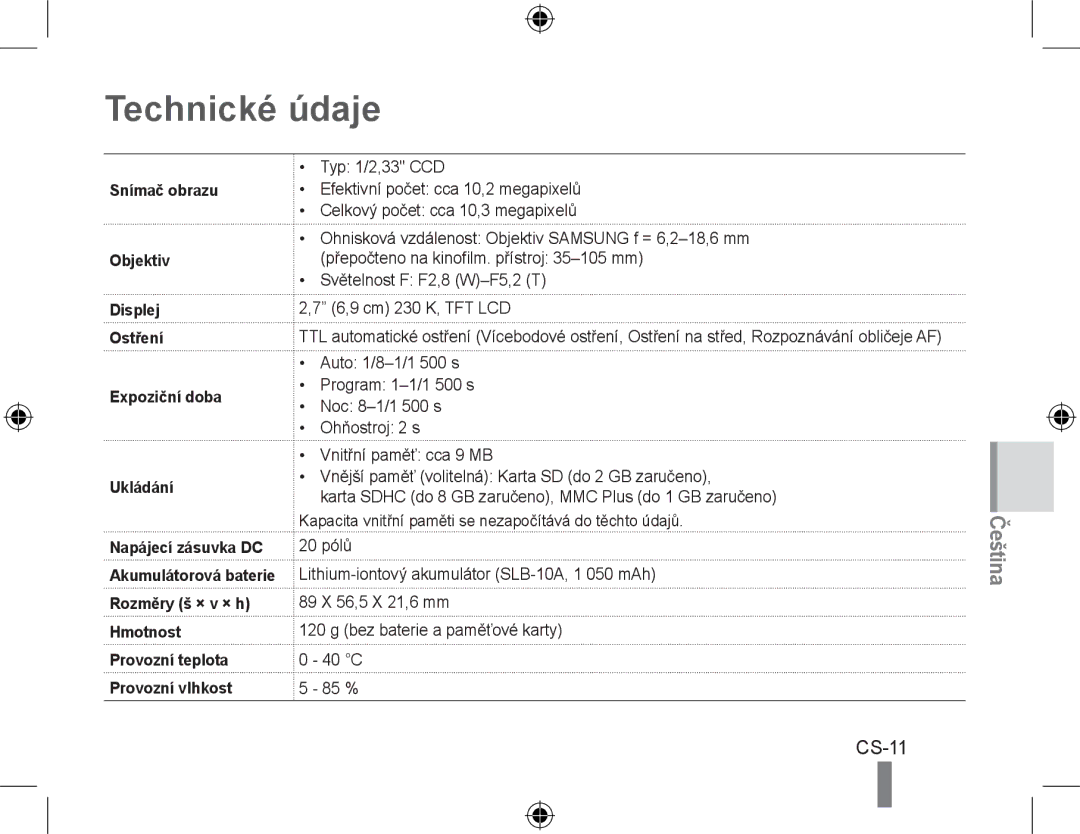 Samsung EC-PL51ZZBPBVN, EC-PL51ZZBPRE1, EC-PL51ZZBPAE1, EC-PL51ZZBPNE1, EC-PL51ZZBPAIT, EC-PL51ZZBPBE1 Technické údaje, CS-11 