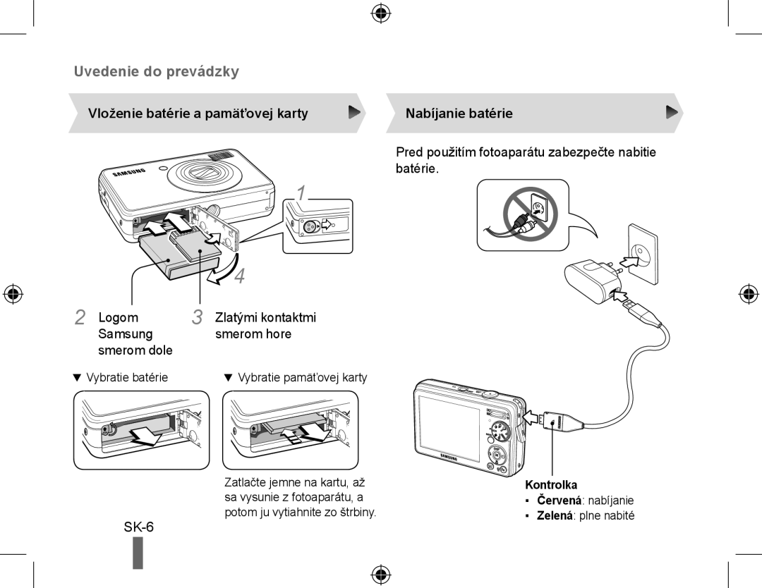 Samsung EC-PL51ZZBPAE3 manual Vloženie batérie a pamäťovej karty, Logom Zlatými kontaktmi Samsung Smerom hore Smerom dole 