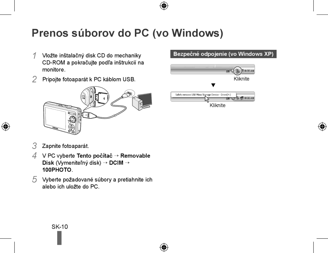 Samsung EC-PL51ZZBPAE2, EC-PL51ZZBPRE1 manual Prenos súborov do PC vo Windows, SK-10, Bezpečné odpojenie vo Windows XP 