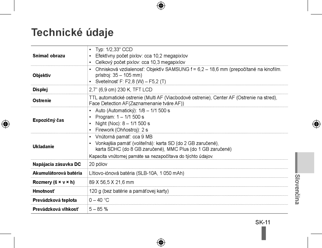 Samsung EC-PL51ZZBPARU, EC-PL51ZZBPRE1, EC-PL51ZZBPAE1, EC-PL51ZZBPNE1, EC-PL51ZZBPAIT, EC-PL51ZZBPBE1 Technické údaje, SK-11 