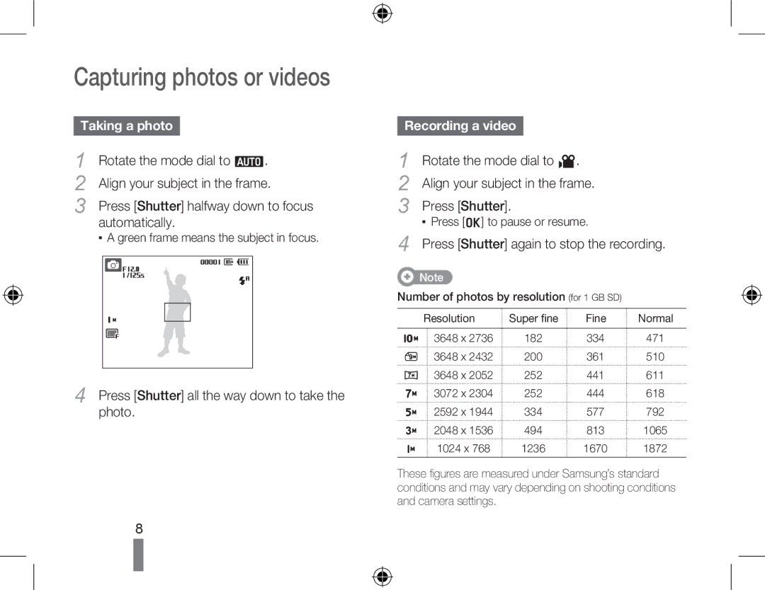 Samsung EC-PL51ZZBABE1, EC-PL51ZZBPRE1, EC-PL51ZZBPAE1 manual Capturing photos or videos, Taking a photo, Recording a video 