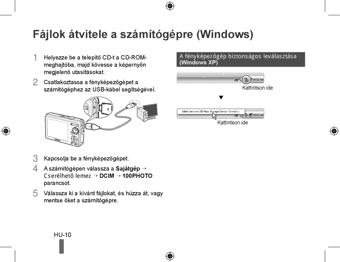 Samsung EC-PL51ZZBPRIT Fájlok átvitele a számítógépre Windows, HU-10, Fényképezőgép biztonságos leválasztása Windows XP 