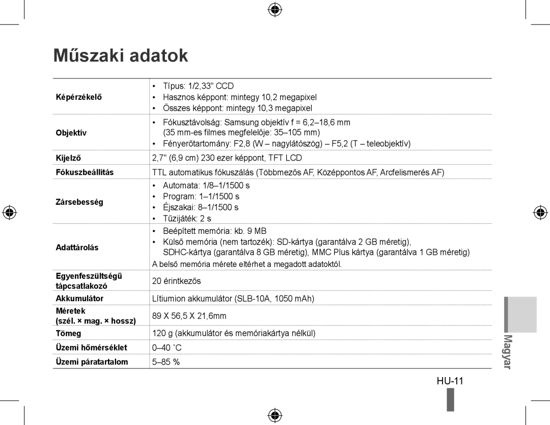 Samsung EC-PL51ZZBPNIT, EC-PL51ZZBPRE1, EC-PL51ZZBPAE1, EC-PL51ZZBPNE1, EC-PL51ZZBPAIT, EC-PL51ZZBPBE1 Műszaki adatok, HU-11 