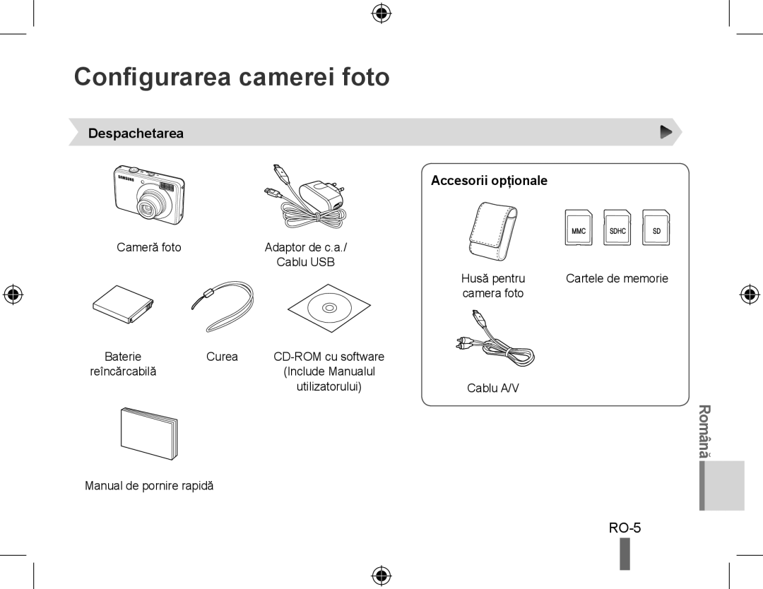 Samsung EC-PL51ZZBPAVN, EC-PL51ZZBPRE1, EC-PL51ZZBPAE1 manual Configurarea camerei foto, Despachetarea Accesorii opţionale 