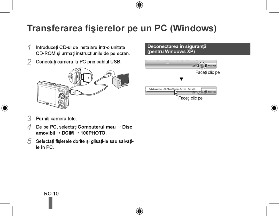 Samsung EC-PL51ZZBPRE3 manual Transferarea fişierelor pe un PC Windows, RO-10, Deconectarea în siguranţă, Pentru Windows XP 