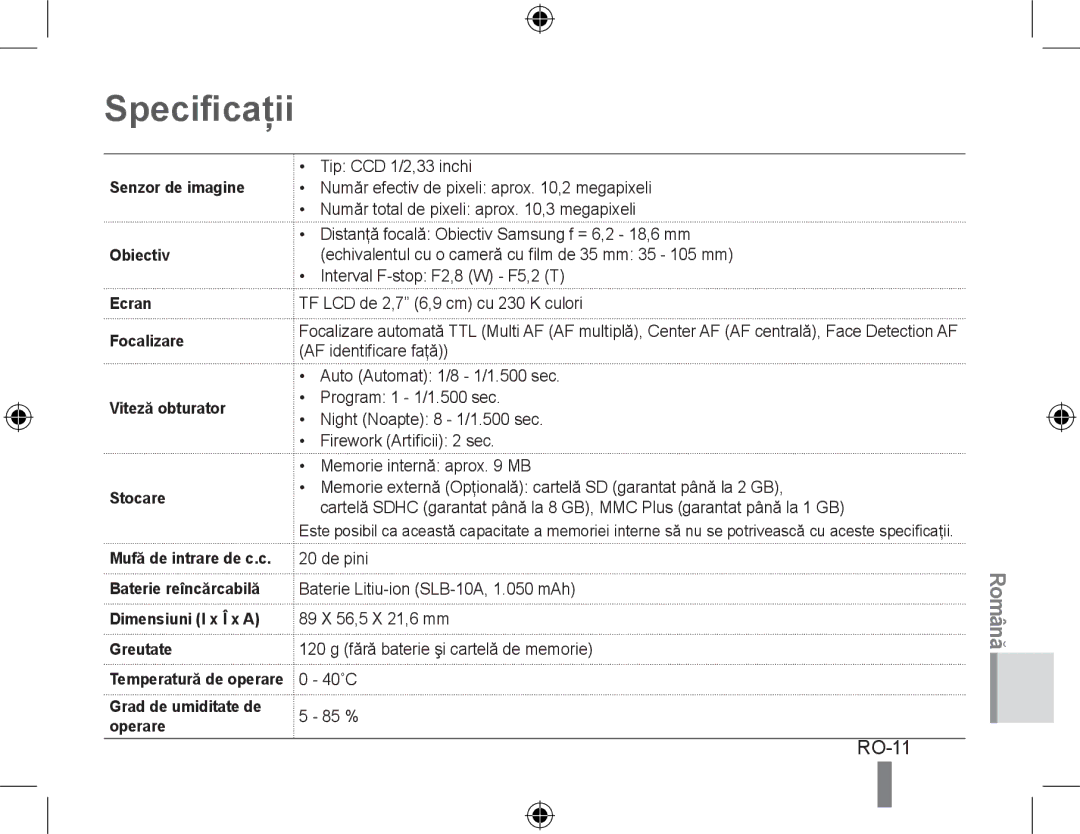 Samsung EC-PL51ZZBPAE3, EC-PL51ZZBPRE1, EC-PL51ZZBPAE1, EC-PL51ZZBPNE1, EC-PL51ZZBPAIT, EC-PL51ZZBPBE1 Specificaţii, RO-11 